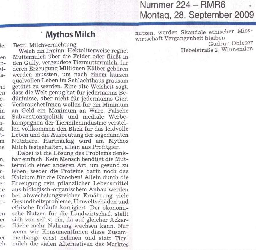 Leserbrief Mythos Milch